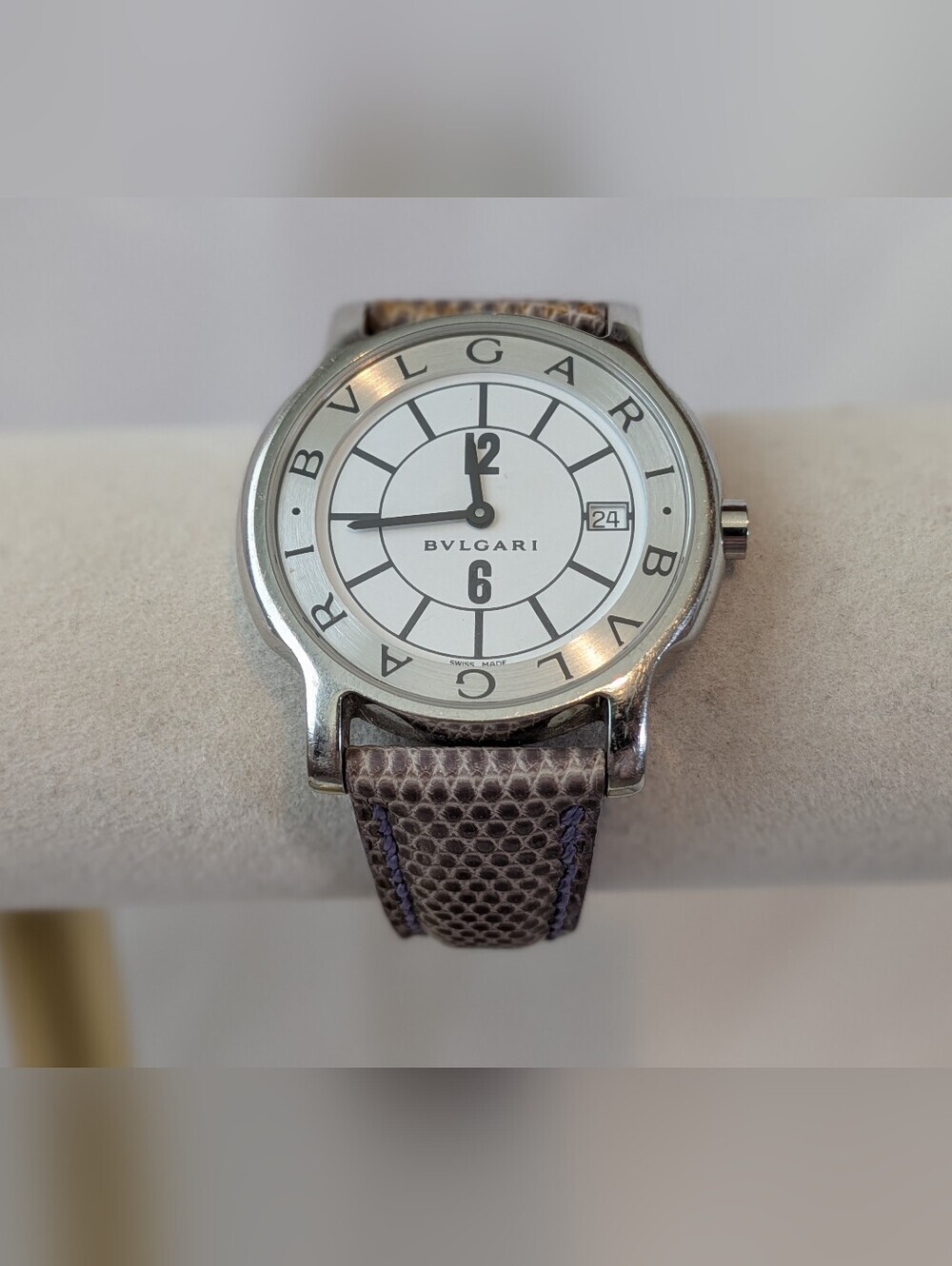 Bulgari Silver Dial Watch with Light Purple Lizard-Texture Leather Strap